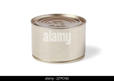 Metal tin can with canned food isolated on white Stock Photo