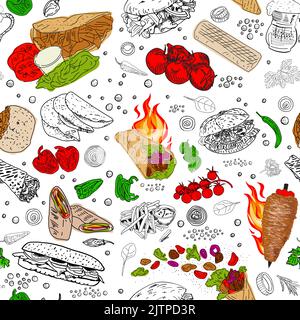 Shawarma cooking and ingredients for kebab. Seamless pattern. Vintage design template, banner. Vector. Stock Vector