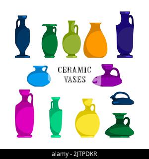 Colorful ceramic vases set. Ancient Greek, Roman jar with two handles and a narrow neck. Vintage amphora, trophy, pots, bottles, cups isolated on whit Stock Vector