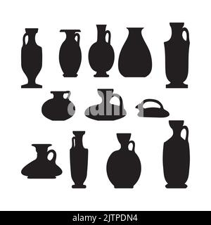 Silhouette sketch et of ceramic vases. Ancient Greek, Roman jar with two handles and a narrow neck. Vintage amphora, trophy, pots, cups black isolated Stock Vector