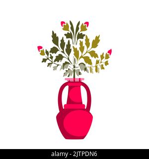 Drawn ceramic vase with a bouquet of wildflowers for decoration, celebration, greeting and interior. Flowers in pink vase isolated on white background Stock Vector