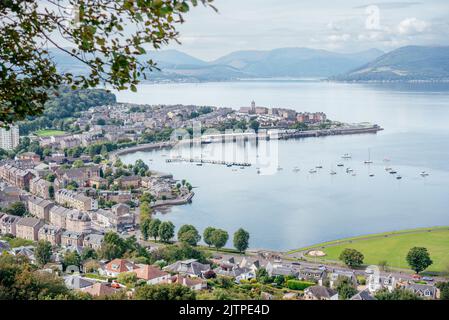 A view of Gourock and Gourock Bay on the Firth of Clyde, seen from the viewpoint on Lyle Hill, Greenock, Inverclyde, Scotland. Stock Photo