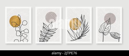 Botanical and golden line Minimal and natural wall vector set. Boho foliage line art drawing with abstract Shape. Cover, wallpaper, Abstract Plant Art Stock Vector