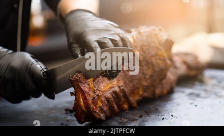 grill restaurant kitchen chef smoked pork ribs Stock Photo