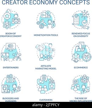 Creator economy turquoise concept icons set Stock Vector