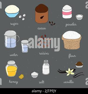 Hand drawn colored baking ingredients on chalkboard. Stock Vector