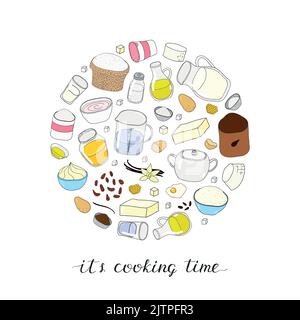 Hand drawn colored baking ingredients in circle shape. Lettering it s cooking time. Stock Vector