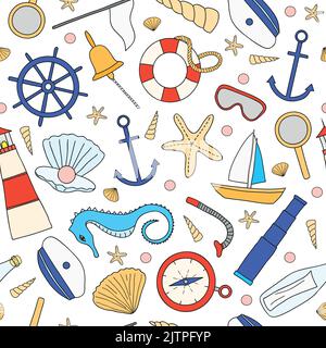 Colorful seamless pattern with hand drawn nautical items. Stock Vector