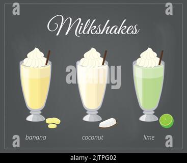 Cartoon milkshakes in glass on chalkboard background. Banana, coconut, lime milkshake flavor. Stock Vector