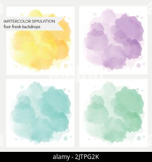 Watercolor simulation. Four fresh backdrops. Can be used for cards, backgrounds, design. Stock Vector