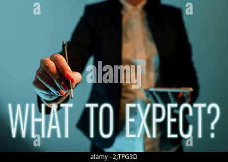 Hand writing sign What To Expect. Word for Confusion about the belief of what will happen in future Cloud Thought Bubble With Template For Web Banners Stock Photo