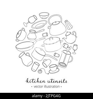 Hand drawn outline kitchen utensils and dishes composed in circle shape with lettering on white background. Stock Vector