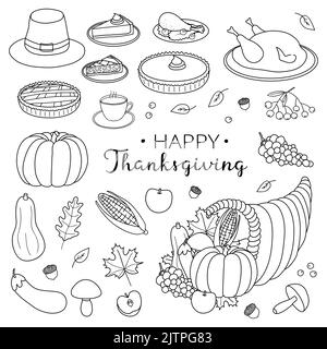 Hand drawn outline items for thanksgiving day celebration isolated on white background. Stock Vector