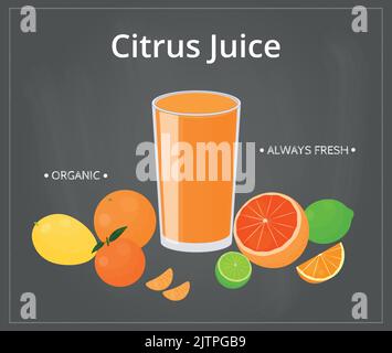 Cartoon citrus juice with fruits on chalkboard background with frame. Perfect for menu and posters. Stock Vector