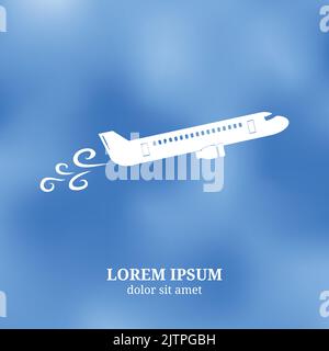 Plane travel concept. Plane icon on blurred background. Blue sky background. Place for text. Stock Vector