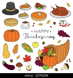 Hand drawn items for thanksgiving day celebration isolated on white background. Stock Vector