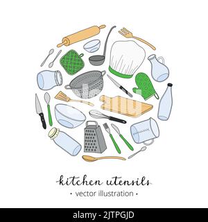 Hand drawn kitchen utensils composed in circle shape with lettering on white background. Stock Vector