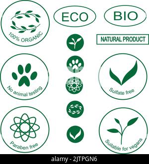 Eco icons. Vector emblems and labels for organic cosmetics. Stock Vector