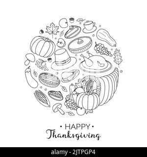 Hand drawn outline items for Thanksgiving day celebration in circle shape with lettering. Stock Vector