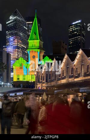 Created by Luca French and Spinifex Group, Ninget Universe colourfully lights the heritage Australian Steam Navigation Co. building during Vivid 2022 Stock Photo