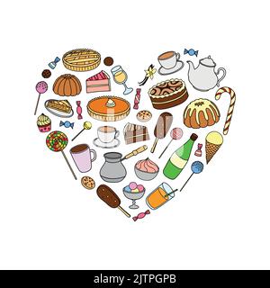Hand drawn sweets, cakes, ice cream, pies, coffee, tea composed in heart shape. Stock Vector