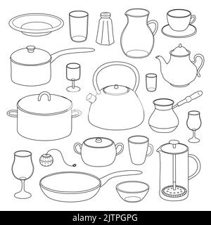 Hand drawn outline kitchen utensils and dishes isolated on white background. Stock Vector