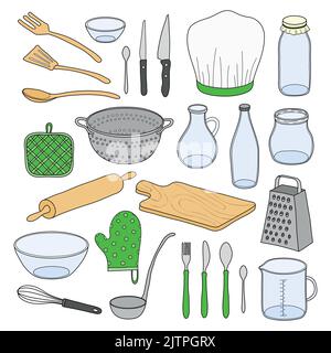 Hand drawn kitchen utensils isolated on white background. Stock Vector
