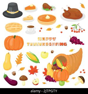 Cartoon items for Thanksgiving day celebration isolated on white background. Stock Vector
