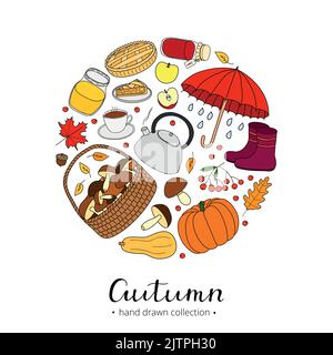 Hand drawn autumn items composed in circle shape with lettering. Stock Vector