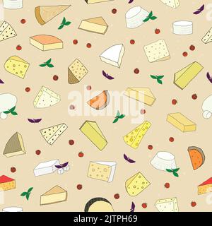 Seamless pattern with hand drawn cheese, basil and cherry tomatoes. Can be used for cooking websites, flayers, packaging, menu, wallpaper. Stock Vector