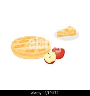 Apple pie cake and slice in cartoon style isolated on white background. Stock Vector