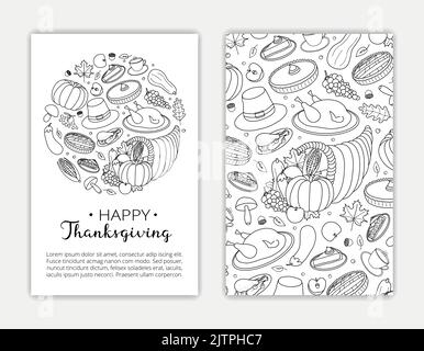 Editable card templates with hand drawn items and text for Thanksgiving day. Used clipping mask. Stock Vector