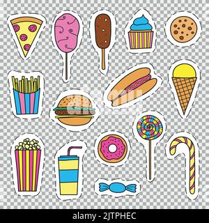 Bright fast food stickers, badges, pins isolated on transparent background. Pop art patches for design. Stock Vector