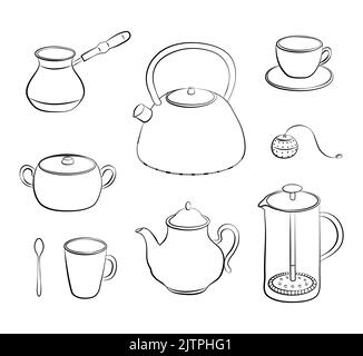 Hand drawn outline tea items and dishes isolated on white background. Stock Vector