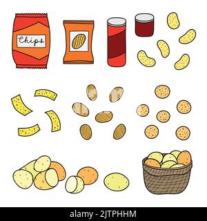 Hand drawn chips varieties, snacks, packs, tube boxes and potatoes isolated on white background. Stock Vector