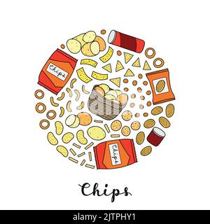 Hand drawn chips varieties, snacks, packs, tube boxes and potatoes composed in circle shape. Stock Vector