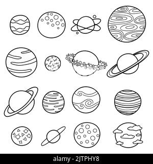 Collection of different outline doodle fantastic space planets isolated on white background. Stock Vector