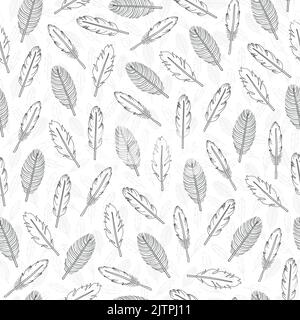 Black and white seamless pattern with hand drawn boho feathers. Stock Vector