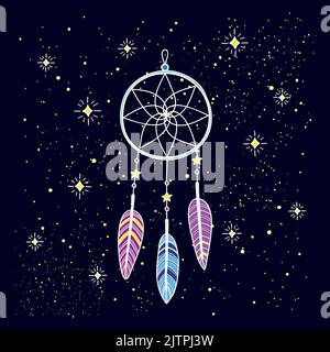 Hand drawn dream catcher with feathers and decor isolated on blue background. The traditional native american talisman. Stock Vector