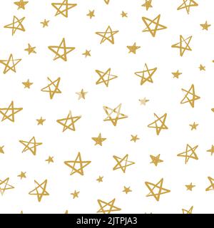 White seamless pattern with hand drawn golden stars. Stock Vector