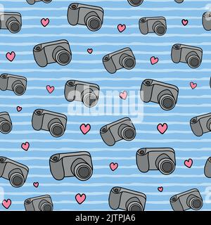 Cute seamless pattern with colored doodle photo cameras and hearts. Stock Vector
