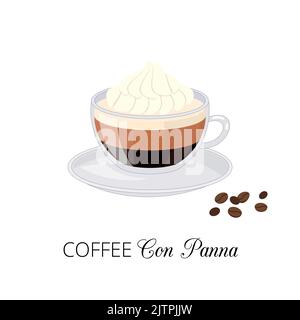 Cartoon coffee con panna with whipped cream in glass cup isolated on white background. Stock Vector