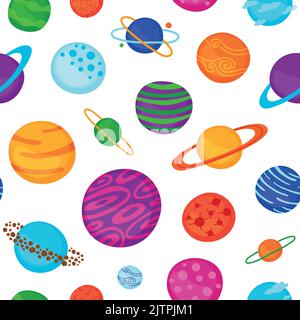 Bright seamless pattern with different cartoon fantastic space planets. Stock Vector