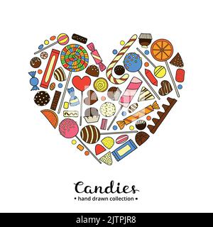 Hand drawn colorful candies including chocolate, jelly, lolly, fruit composed in heart shape. Stock Vector