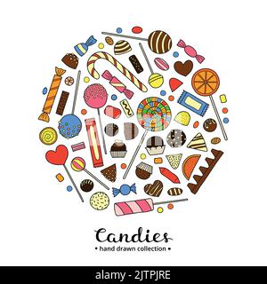 Hand drawn colorful candies including chocolate, jelly, lolly, fruit composed in circle shape. Stock Vector