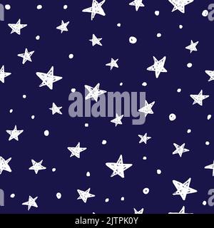 Blue seamless pattern with hand drawn white stars. Stock Vector