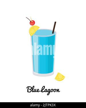 Blue Lagoon alcoholic cocktail with garnish in cartoon style isolated on white background. Stock Vector