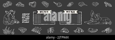 Vintage Butcher shop hand-drawn on a black chalkboard background. Butchery Cow Food Chalk Board Shop. Retro Menu Restaurant poster. Vector. Stock Vector