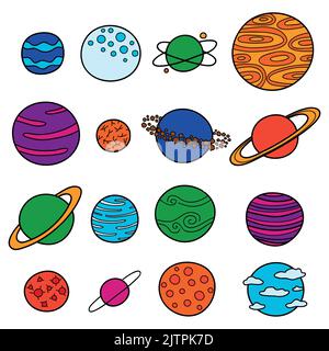 Collection of different doodle fantastic space planets isolated on white background. Stock Vector