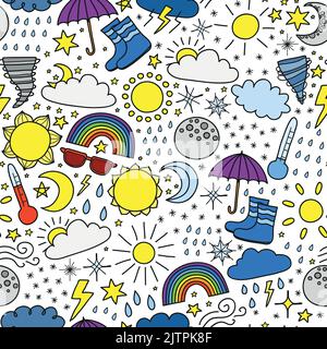 Seamless pattern with colorful doodle weather items. Stock Vector